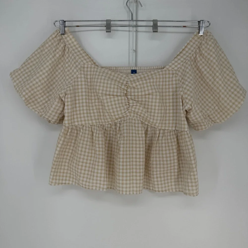 Old Navy Gingham Top Womens 2X Tan White Puff Sleeve Smocked Peplum Cottagecore